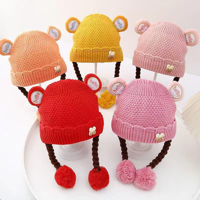 Yellow Girls Cute Warm Knit Embroidered Winter Cap With Braids (6 Months -3 Years) CP5100B